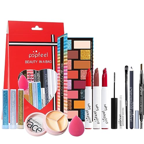 RoseFlower 13 pcs Cosmetics Make-up Set, Make Up Set Kosmetik Starter Kit Weihnachten Makeup Paletten Mit Lidschattenpalette, Mascara, Lippenstift, Concealer, Puder, Augenbrauenstift, Glitzer von RoseFlower