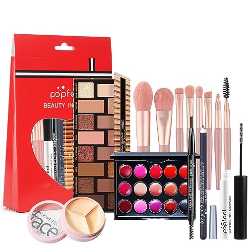 RoseFlower 15 pcs Cosmetics Make-up Set, Make Up Set Kosmetik Starter Kit Weihnachten Makeup Paletten Mit Lidschatten-, Concealer-, Rouge- und Lippenstift-Palette, komplettes Augen-Make-up-Set von RoseFlower