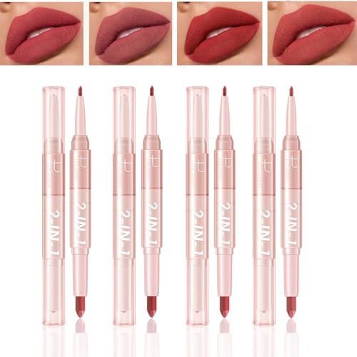 RoseFlower 2 in 1 Lip Liner Lippenstift Set, Dual Ended 4 Farben Plumping Full Cover Lipstick Nude Lip Liner Pencil Set – Langanhaltend Wasserdicht Kein Ausbleichen – Lippenstift Sets für Frauen von RoseFlower