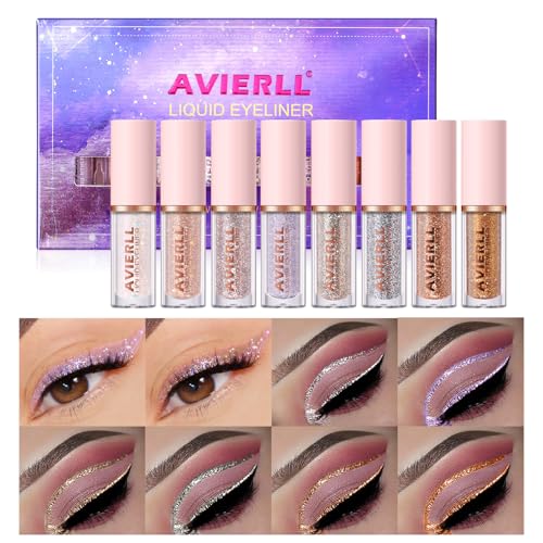 RoseFlower 8 Farben flüssiger Glitter Eyeliner, metallischer flüssiger Glitter Eyeliner, metallischer Schimmer Glitter Eyeshadow, lang anhaltender wasserfester glitzernder Violettes Gold Eyeliner von RoseFlower