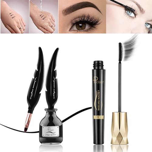 RoseFlower Mascara und Eyeliner Set, Schwarzbraune, Volumenverlängernde 4D-Seidenfaser-Wimpern-Mascara, Wasserfeste, Glatte Eyeliner-Creme mit Pinsel – Definieren Sie Ihr Augen-Make-up von RoseFlower