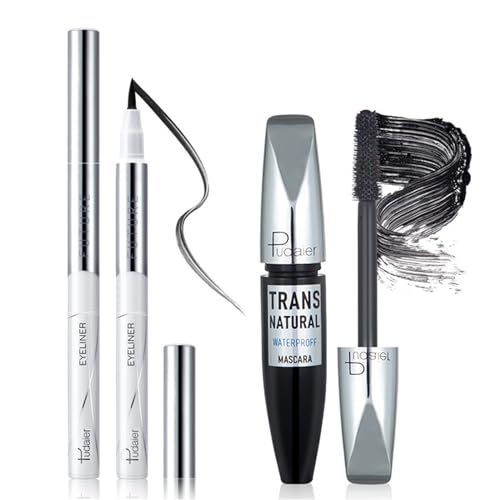 RoseFlower Mascara und Eyeliner Set, Schwarze, Volumenverlängernde 4D-Wimperntusche aus Seidenfaser, Wasserfester, Glatter Flüssiger Eyeliner – Definieren Sie Ihr Augen-Make-up – Hält 24 Stunden lang von RoseFlower