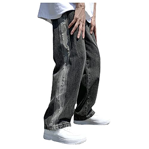 Roselan Herren Jeanshose Baggy Jeans Denim Straight Leg Loose Loose Fit Cut Stretch Designer Hose Denim Baggy Hip Hop Jeans Hose mit Weitem Bein Straight Leg Color Block Streetwear, Schwarz, XL von Roselan