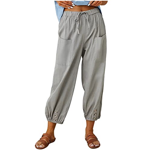 Cargo Pants Damen Damen Hosen Stretch Weite Hose Damen Elegant Einfarbiges High Waist Schlupfhose Mit Taschen Kordelzug Elastische Taille 3/4 Hose Locker Palazzo Hose Leinenhose Damen Light Gray 3XL von Rosennie