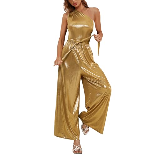 Overall Damen Elegant Overall Schwarz Damen Latzhose Blau Damen One Shoulder Golden Jumpsuit Rückenfrei Rockabilly Overall Disco Outfits 70Er Jahre Vintage Playsuit Schwarzer Jumpsuit (Khaki, L) von Rosennie