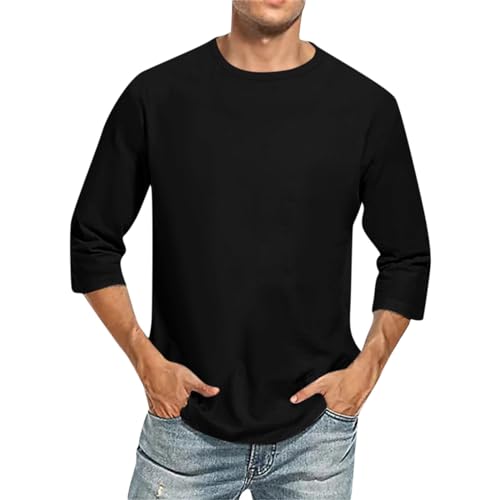 Poloshirt Herren Hemd Herren Kurzarm Arbeits T-Shirt Herren Rundhals Einfarbiges 3/4 Arm Shirt Basic T Shirt Männer Dreiviertelarm Shirt Combat Shirt (Schwarz, 3XL) von Rosennie