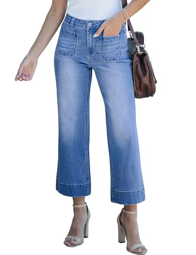 Roskiky Wide Leg Jeans Womens Trendy High Waisted Flare Jeans Cropped Denim Hose mit Patch Taschen S Klassisch Blau Roskiky Wide Leg Jeans Womens Trendy High Waisted Flare Jeans Cropped Denim Hose mit Patch Taschen S Klassisch Blau von Roskiky