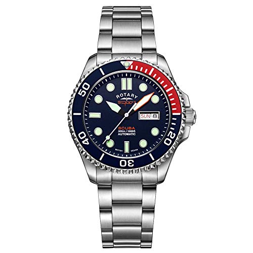 Rotary Super 7 Scuba „Pepsi“ Automatikuhr, marineblaues Zifferblatt, silbernes Edelstahl-Armband, Herrenuhr S7S004B von Rotary