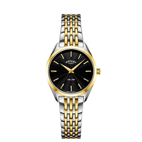 Rotary Damen Quartz Armbanduhr, 27.00mm GehäusegröÃŸe mit schwarz analog Zifferblatt und Two-Tone Gold Metallarmband Armband LB08011/04 von Rotary