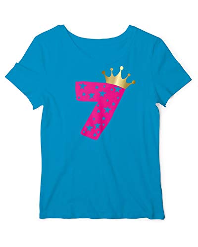 Geburtstagsshirt Mädchen Sieben Jahre | T-Shirt mit Aufdruck Zahl 7 und Goldene Krone | lustige Geschenk-Idee Kinder-Geburtstag Aqua-Pink 128 von RoughTex