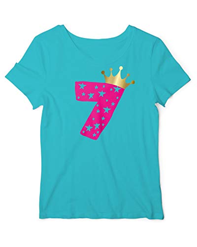 Geburtstagsshirt Mädchen Sieben Jahre | T-Shirt mit Aufdruck Zahl 7 und Goldene Krone | lustige Geschenk-Idee Kinder-Geburtstag Atoll-Pink 128 von RoughTex