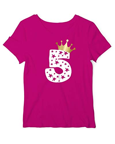 Geburtstagsshirt Mädchen fünf Jahre | T-Shirt mit Aufdruck Zahl 5 und Goldene Krone | lustige Geschenk-Idee Kinder-Geburtstag Fuchsia-Weiß 128 von RoughTex