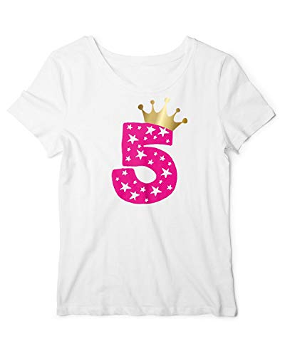 Geburtstagsshirt Mädchen fünf Jahre | T-Shirt mit Aufdruck Zahl 5 und Goldene Krone | lustige Geschenk-Idee Kinder-Geburtstag Weiß-Pink 128 von RoughTex