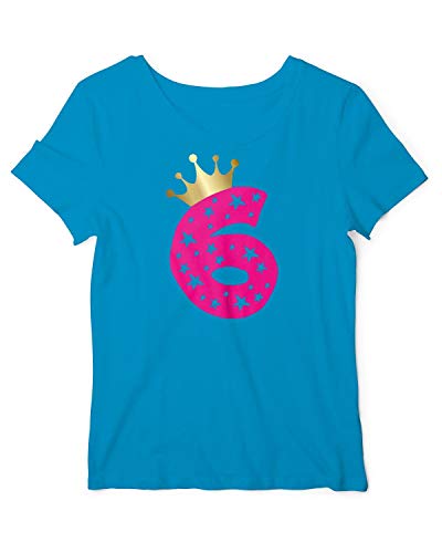 Geburtstagsshirt Mädchen sechs Jahre | T-Shirt mit Aufdruck Zahl 6 und Goldene Krone | lustige Geschenk-Idee 6. Kinder-Geburtstag Aqua-Pink 128 von RoughTex