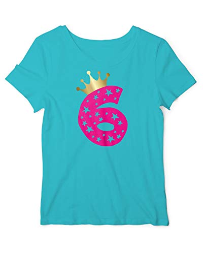 Geburtstagsshirt Mädchen sechs Jahre | T-Shirt mit Aufdruck Zahl 6 und Goldene Krone | lustige Geschenk-Idee 6. Kinder-Geburtstag Atoll-Pink 128 von RoughTex