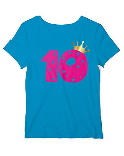 Geburtstagsshirt Mädchen zehn Jahre | T-Shirt mit Aufdruck Zahl 10 und Goldene Krone | lustige Geschenk-Idee Kinder-Geburtstag Aqua-Pink 140 von RoughTex