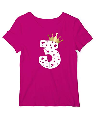 T-Shirt Kindergeburtstag Zahl 3 Krone T Shirt Geburtstag Geschenk Mädchen 3 Jahre Fuchsia-Weiß 104 von RoughTex