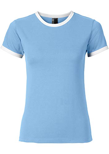 Ringer Tshirt Damen Premium Kontrast T-Shirts zweifarbig Hellblau-Weiß L von Roughtex