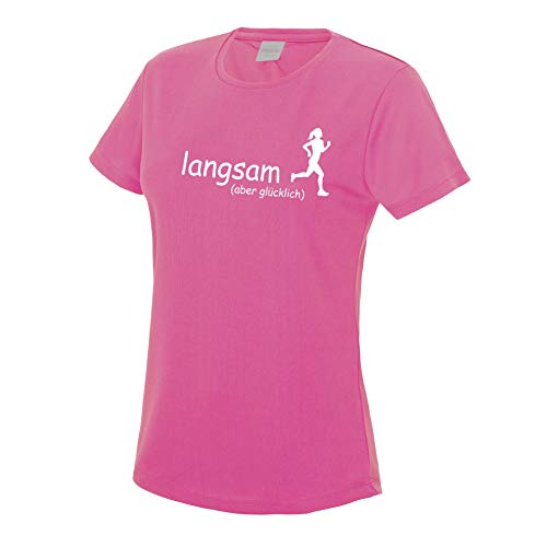 Laufshirt Damen Langsam Aber glücklich T-Shirt Running Funktionsshirt neonpink weiß L von Roughtex