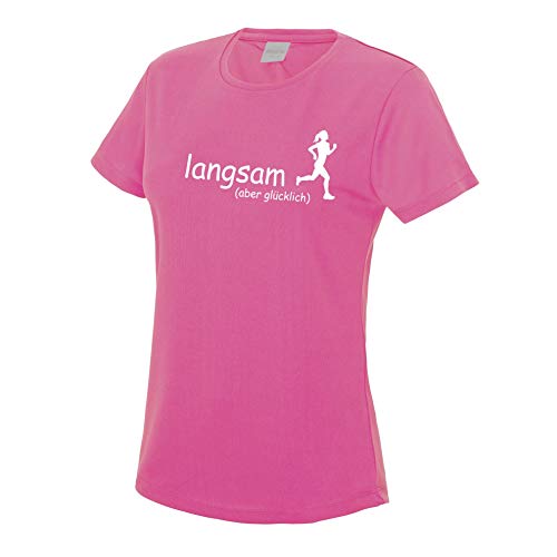 Roughtex Laufshirt für Damen langsam Aber glücklich lustig bedrucktes Running Tshirt Medium Fit neonpink weiß S von Roughtex