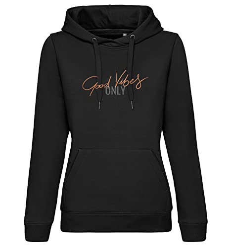 Roughtex Premium Hoodie Damen Good Vibes Kapuzenpullover mit Spruch Aufdruck in edlem Metalleffekt Schwarz Bronze L von Roughtex