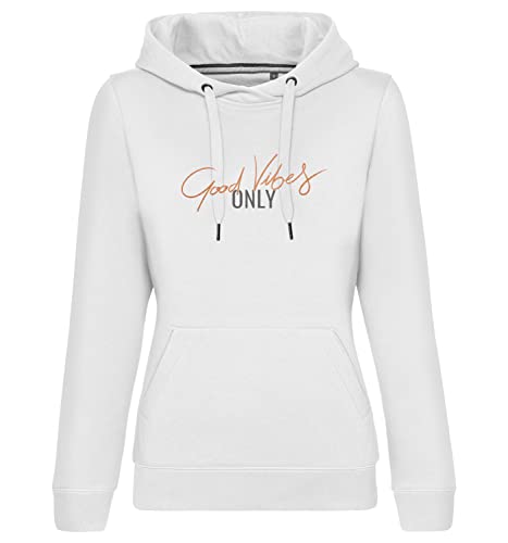 Roughtex Premium Hoodie Damen Good Vibes Kapuzenpullover mit Spruch Aufdruck in edlem Metalleffekt Weiß Bronze L von Roughtex