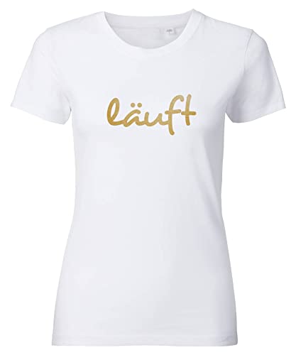 Spruch T-Shirt Damen mit Aufdruck LÄUFT bedrucktes Premium Tshirt Weiß Goldmetallic L von Roughtex