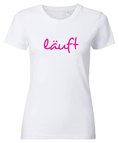 Spruch T-Shirt Damen mit Aufdruck LÄUFT bedrucktes Premium Tshirt Weiß Neonpink M von Roughtex