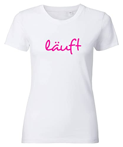 Spruch T-Shirt Damen mit Aufdruck LÄUFT bedrucktes Premium Tshirt Weiß Neonpink XL von Roughtex