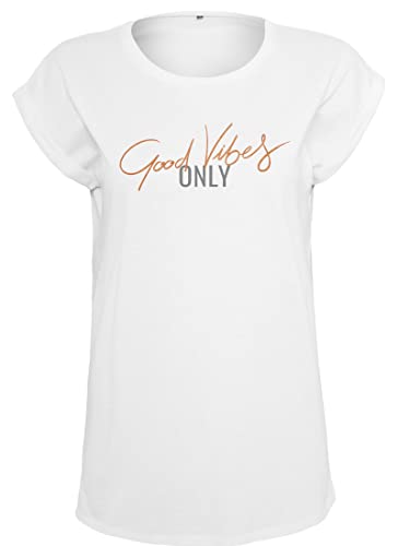 Sprüche T-Shirt Damen Good Vibes Only Oversize Shirt Statement Aufdruck Weiß Bronzemetallic 3XL von Roughtex