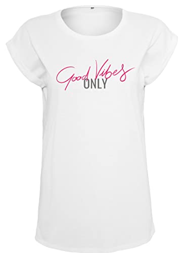 Sprüche T-Shirt Damen Good Vibes Only Oversize Shirt Statement Aufdruck Weiß Neonpink 3XL von Roughtex