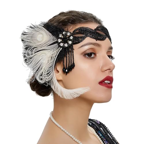 Haarschmuck Stirnband Damen Karneval Kostüm Damen Vintage Stirnbänder Mardi Gras Veranstaltung Zeremonie Kopfschmuck Schwarz Und Weiß Feder Wind System Perle Quaste Baumelnden Haarschmuck von Rouingdd