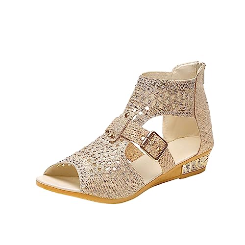 Rouingdd Sommerschuhe Damen Hausschuhe Glitzer Strandschuhe Boho Elegante Flache Riemchensandalen Bequem Leicht Strass Sandaletten Rutschfest Böhmische Slide Sandal Elastische Open Toe Freizeitschuhe von Rouingdd