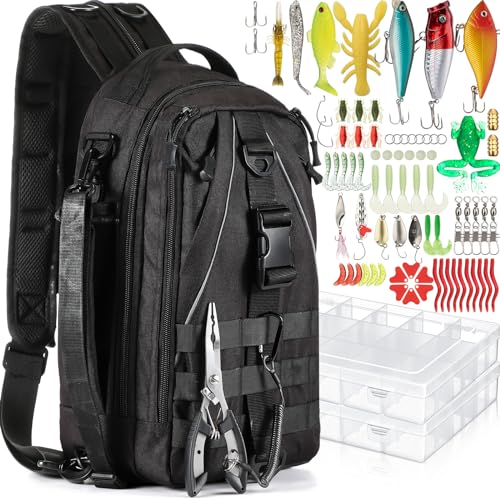 RoundFunny Angelausrüstungs-Set, Angelrucksack, Angeltasche, Angelausrüstungstaschen mit Rutenhalter, Angelköder-Set, Angelzangen-Set, Angelboxen für Männer und Frauen, Schwarz, 85-teilig von RoundFunny