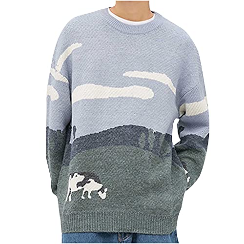 Herren Pullover Tops, Herren Grassland Cow Vintage Oversize Langarm Rundhals Strickpullover Sweater Bluse von Routinfly
