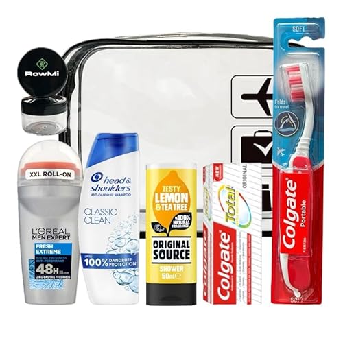 Herren Essential Travel Toilettenartikel Kit, einschließlich transparenter Reisetasche, Shampoo, Roll on XXL Deodorant, Duschgel, Zahnpasta, eine tragbare Reisezahnbürste mit eingebautem Etui und 2 Herren Essential Travel Toilettenartikel Kit, einschließlich transparenter Reisetasche, Shampoo, Roll on XXL Deodorant, Duschgel, Zahnpasta, eine tragbare Reisezahnbürste mit eingebautem Etui und 2 von RowMi