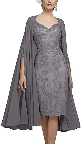 Royaldress Grau Elegant Knielang Abendkleider Ballkleider Brautmutterkleider Spitzenkleider Etuikleider mit Chiffon Bolero-44 Grau von Royal Dress