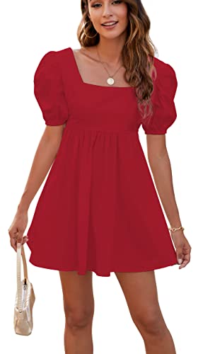 Rozegaga Sexy Damen-Minikleid mit Puffärmeln, rückenfrei, zum Schnüren, Rot/Ausflug, einfarbig (Getaway Solids), Mittel von Rozegaga