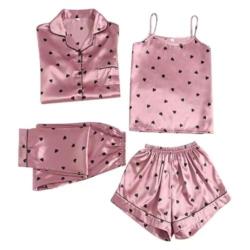 4PC Schlafanzüge Nachthemd Set für Damen Satin Schlafanzug mit Knopfleiste Langarm Nachtwäsche Pyjamas Set Zweiteiliger Hausanzug Frauen Pjs Sets Loungewear von Rpporm