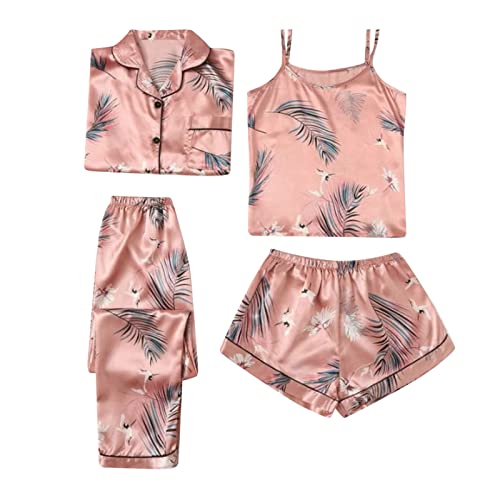 4PC Schlafanzüge Nachthemd Set für Damen Satin Schlafanzug mit Knopfleiste Langarm Nachtwäsche Pyjamas Set Zweiteiliger Hausanzug Frauen Pjs Sets Loungewear von Rpporm