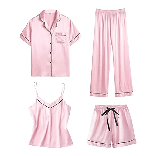 Rpporm Satin Pyjama Damen Kurz 4-teiliges Kurzarm Schlafanzug Nachtwäsche Cami and Shorts Set Frauen Silk Pjs Sets Hemd Und Shorts Lange Hose Hausanzug Loungewear von Rpporm