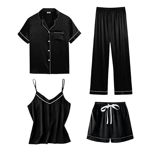 Rpporm Satin Pyjama Damen Kurz 4-teiliges Kurzarm Schlafanzug Nachtwäsche Cami and Shorts Set Frauen Silk Pjs Sets Hemd Und Shorts Lange Hose Hausanzug Loungewear von Rpporm