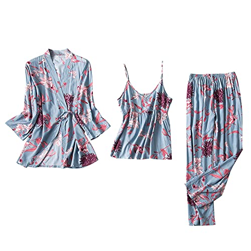 Rpporm Satin Pyjama Damen Kurz 4-teiliges Kurzarm Schlafanzug Nachtwäsche Cami and Shorts Set Frauen Silk Pjs Sets Hemd Und Shorts Lange Hose Hausanzug Loungewear von Rpporm