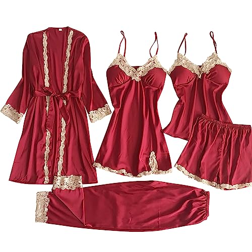 Satin Schlafanzug Damen 5 Stücke Pyjama Set Spitze Kimono Morgenmantel Robe Sexy Negligee Cami Top und Shorts Hose Lang Nachthemd 5-teiliges Frauen Nachtwäsche von Rpporm