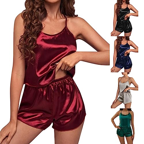 Schlafanzug Damen Sexy Pyjama Set Satin Schlafanzügen Nachtwäsche Sommer Lounge Set Ärmellose Camisole und Top Shorts Negligee Sleepwear Hausanzug für Frauen von Rpporm