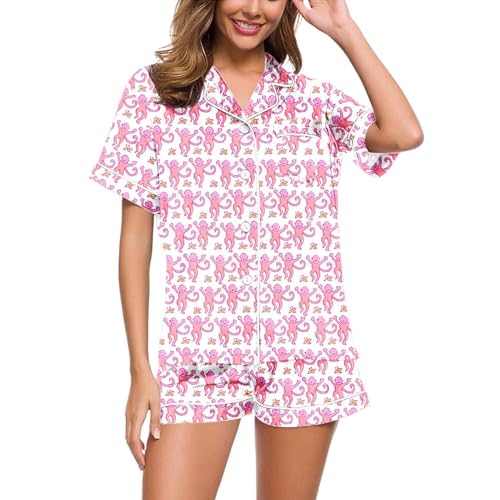 Women's Pajama Sets Frauen 2-teilige Floral Pyjamas Set Y2k Kurzarm Affe Hase Tiger Floral PJ Shorts Set Roller Dupes Kaninchen Preppy (DE/NL/SE/PL, Alphanumerisch, S, Regular, Regular, 01-Pink) von Rrrmnoawb