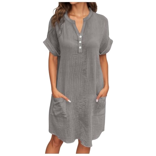 kleid damen sommer große größen, Musselin Kleid Damen Sommer V Ausschnitt Sommerkleid Shirtkleid Kurzarm Casual Strandkleid Hemdkleid Leicht Luftig Blusenkleid Midikleid Elegant Locker Tunika Grau XL kleid damen sommer große größen, Musselin Kleid Damen Sommer V Ausschnitt Sommerkleid Shirtkleid Kurzarm Casual Strandkleid Hemdkleid Leicht Luftig Blusenkleid Midikleid Elegant Locker Tunika Grau XL von RuFengz