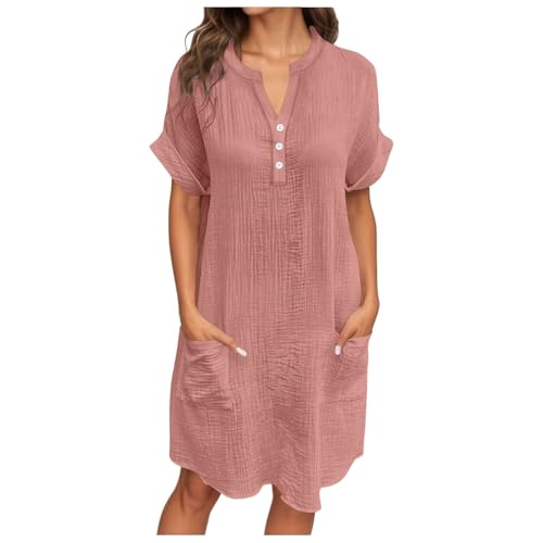 leinen kleid damen sommer, Musselin Kleid Damen Sommer V Ausschnitt Sommerkleid Shirtkleid Kurzarm Casual Strandkleid Hemdkleid Leicht Luftig Blusenkleid Midikleid Elegant Locker Tunika Rosa XL leinen kleid damen sommer, Musselin Kleid Damen Sommer V Ausschnitt Sommerkleid Shirtkleid Kurzarm Casual Strandkleid Hemdkleid Leicht Luftig Blusenkleid Midikleid Elegant Locker Tunika Rosa XL von RuFengz