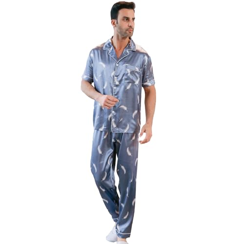 RuanMM Herren-Pyjama-Set aus Satin, kurzärmelig, seidige Pyjama-Hose, hochwertige Button-Down-Nachtwäsche, mehrfarbiges, seidiges Herren-Pyjama-Set | Blaue Feder- L von RuanMM