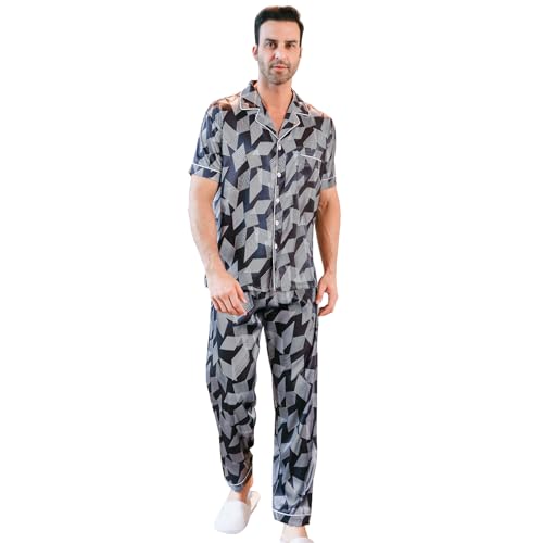 RuanMM Herren-Pyjama-Set aus Satin, kurzärmelig, seidige Pyjama-Hose, hochwertige Button-Down-Nachtwäsche, mehrfarbiges, seidiges Herren-Pyjama-Set | Schwarz-weißer Twill- L von RuanMM